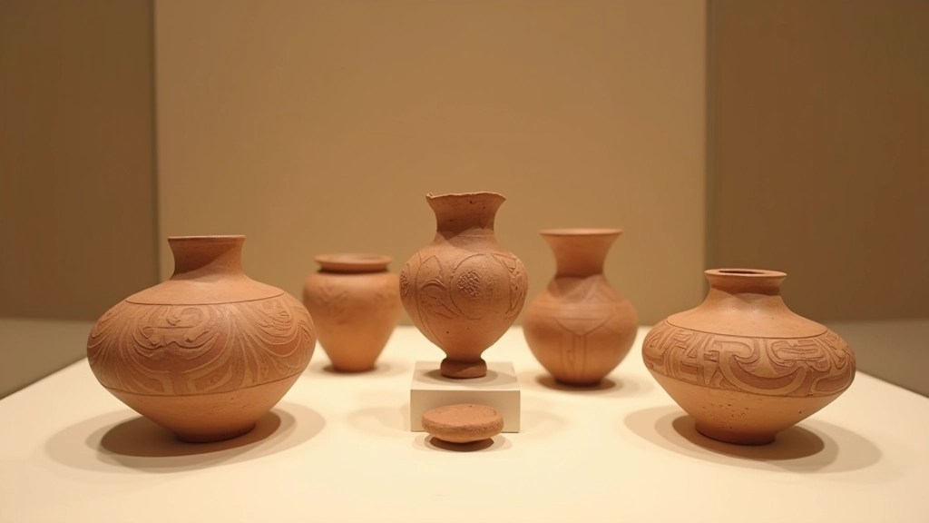 Fragmentos y vasijas de cerámica taína con decoraciones geométricas y figuras de animales, expuestos sobre fondo claro en museo arqueológico