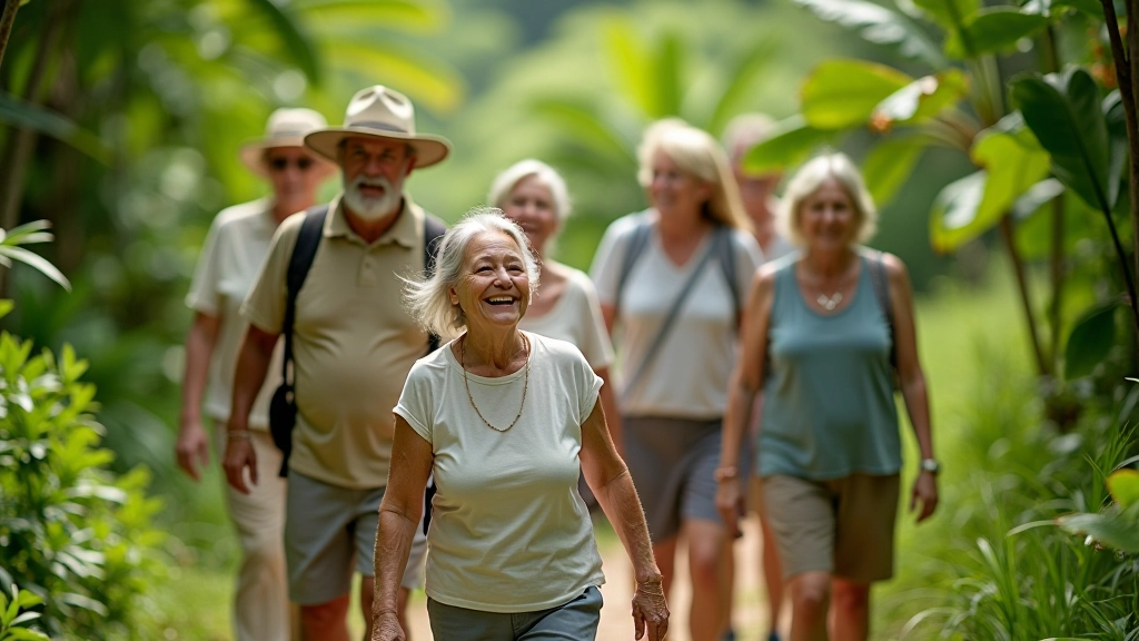 Grupo de personas mayores caminando juntas en un sendero tropical con árboles frondosos a ambos lados