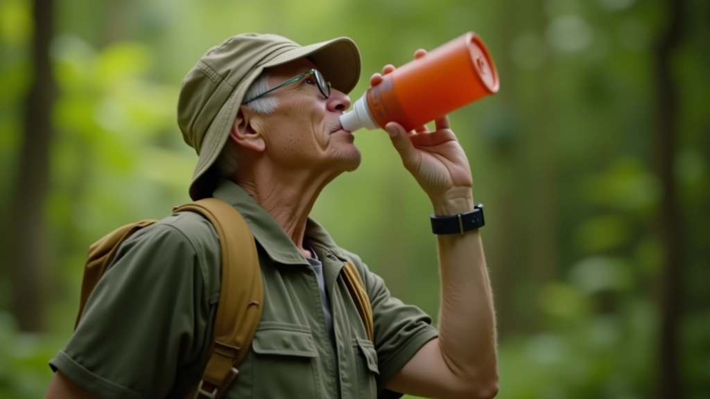 Persona mayor tomando agua de una botella durante una pausa en el sendero, rodeada de naturaleza verde