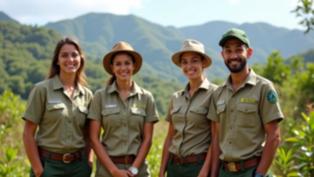 Grupo de guías especializados en arqueología taína posando en sitio ceremonial, uniforme profesional, luz natural de montaña