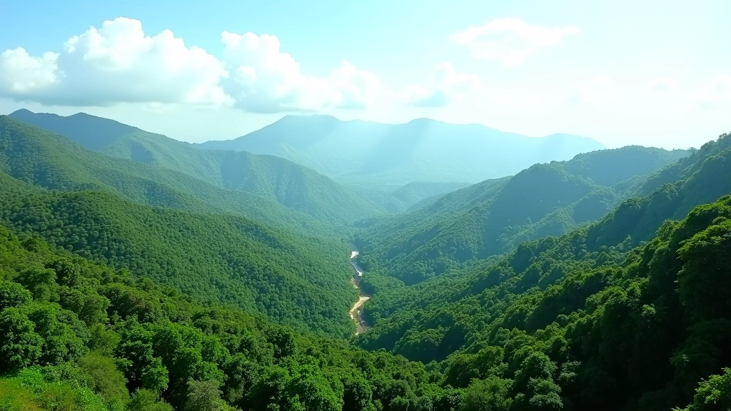 Vista panorámica de paisaje montañoso con vegetación de bosque tropical denso