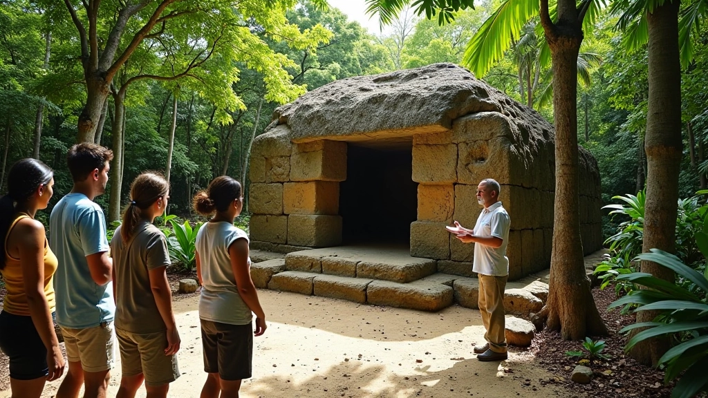 Guía explicando historia frente a estructura de piedra, educación en sitio